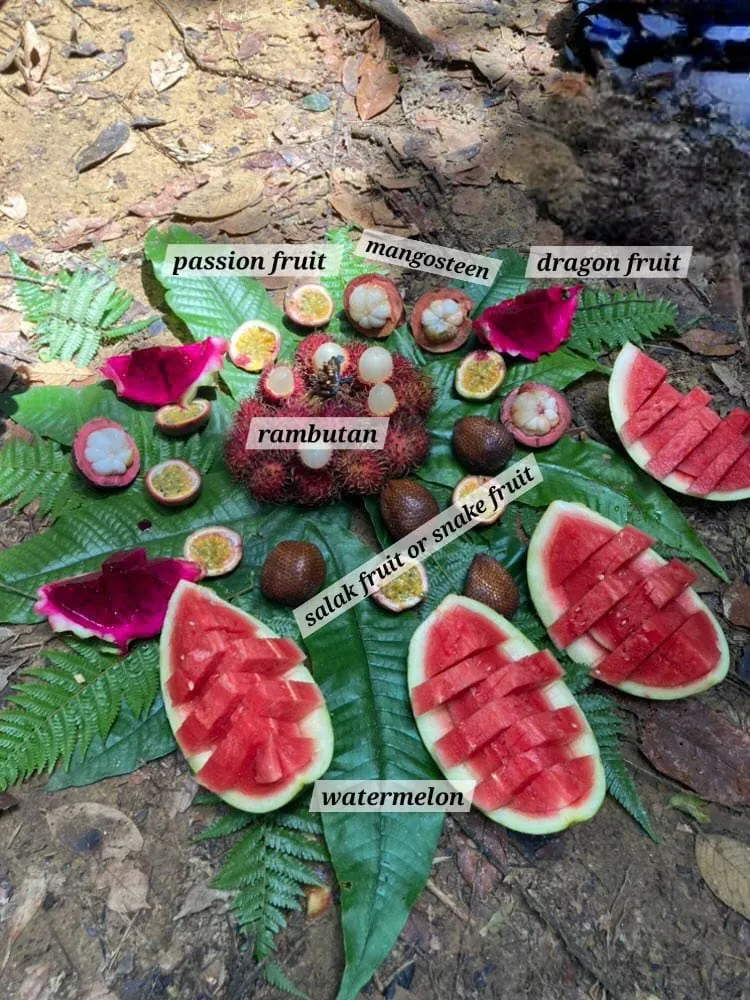 Tropical fruit served on banana leaves